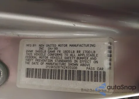 1999 Chevrolet Prizm z USA, uszkodzony, nr VIN 1Y1SK5287XZ433108